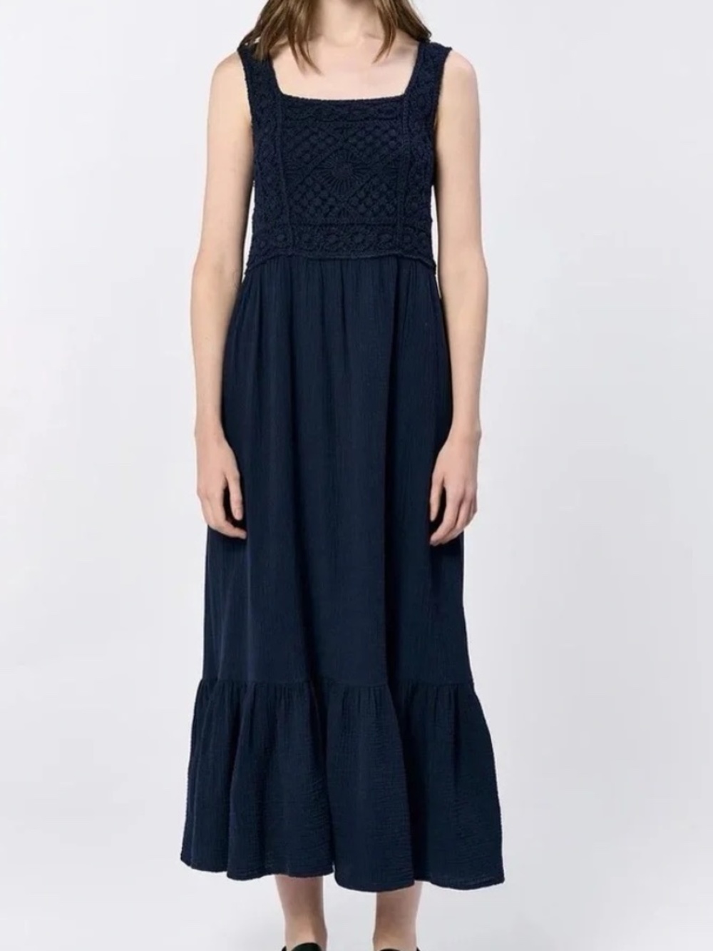 NWT Dear John Navy Blue Cotton Crochet and Gauze Chasity Maxi Dress | Size Large